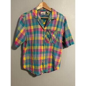 Vintage Chic Top Womens Medium Multicolor Plaid Cotton Short Sleeve Kidcore 90s